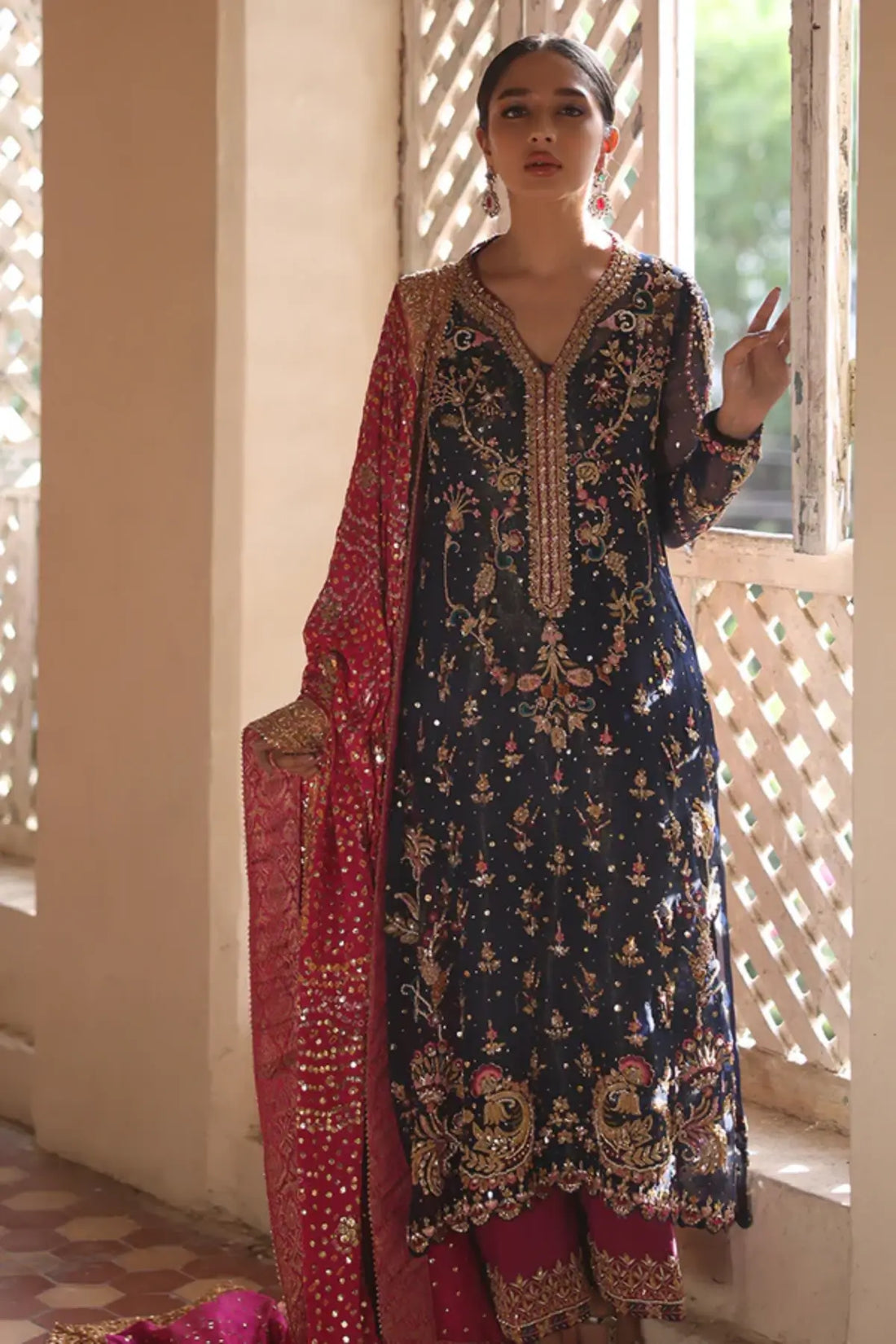 Deemah Navy Blue Handmade Silk Net Wedding Dinner Shirt with Gold Zardozi, Mukesh and Floral Handwork, Fuchsia Raw Silk Pants and Contrast Lame Dupatta