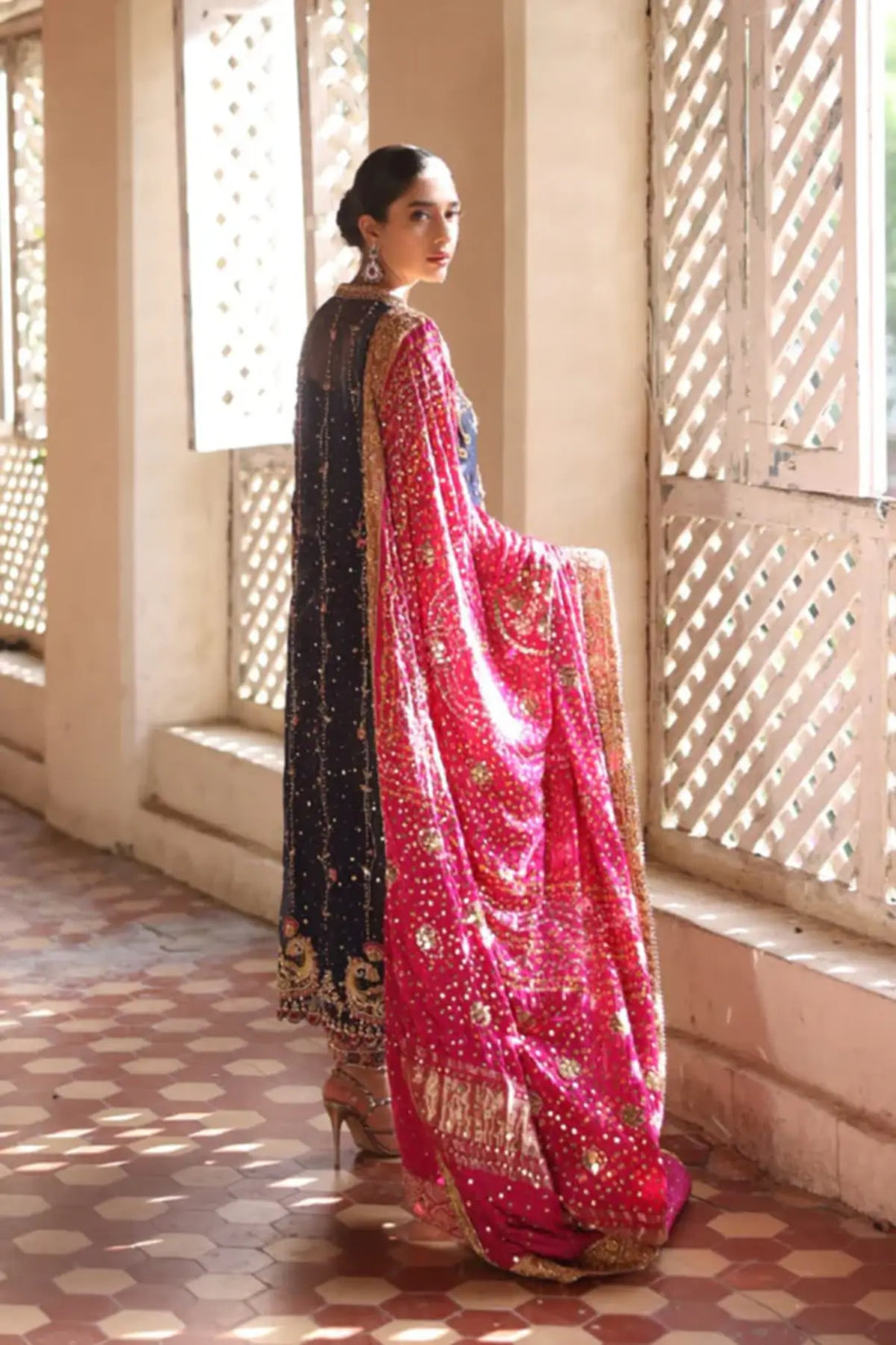 Deemah Navy Blue Handmade Silk Net Wedding Dinner Shirt with Gold Zardozi, Mukesh and Floral Handwork, Fuchsia Raw Silk Pants and Contrast Lame Dupatta