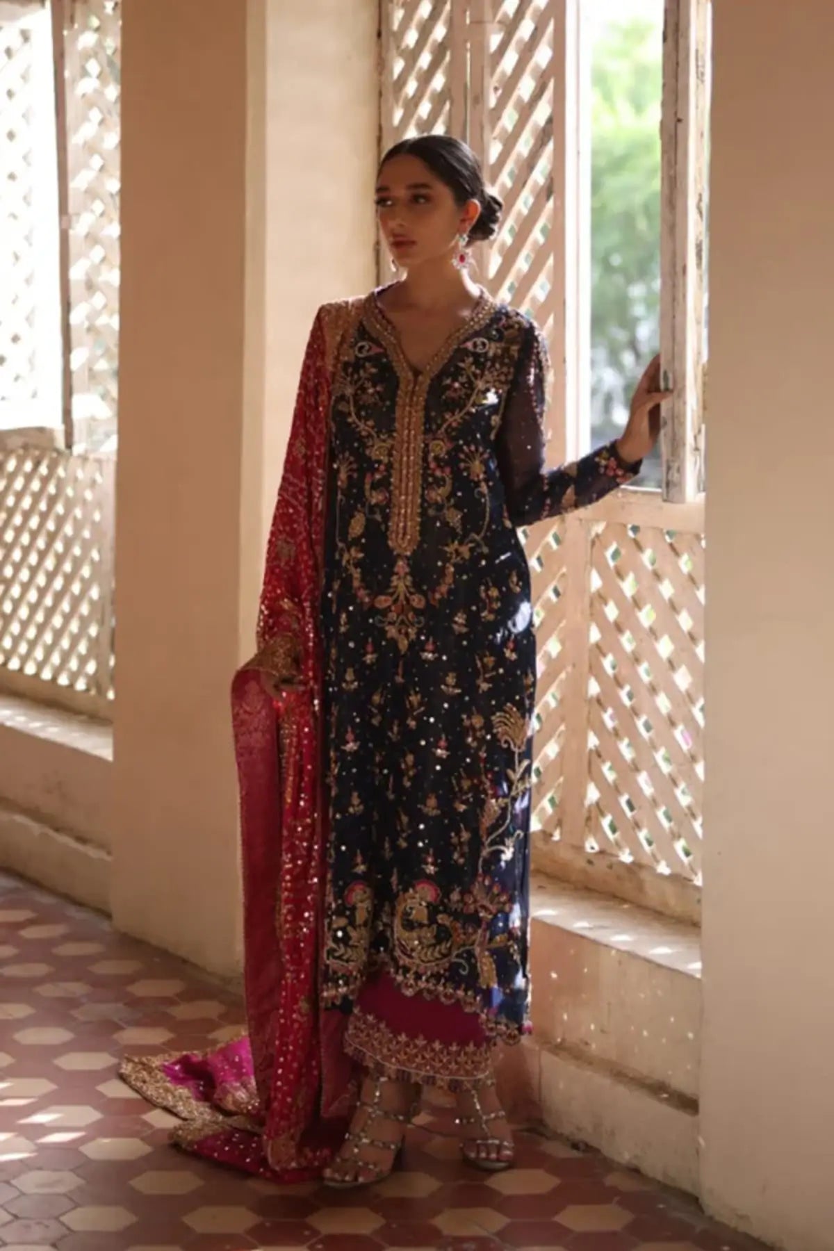 Deemah Navy Blue Handmade Silk Net Wedding Dinner Shirt with Gold Zardozi, Mukesh and Floral Handwork, Fuchsia Raw Silk Pants and Contrast Lame Dupatta