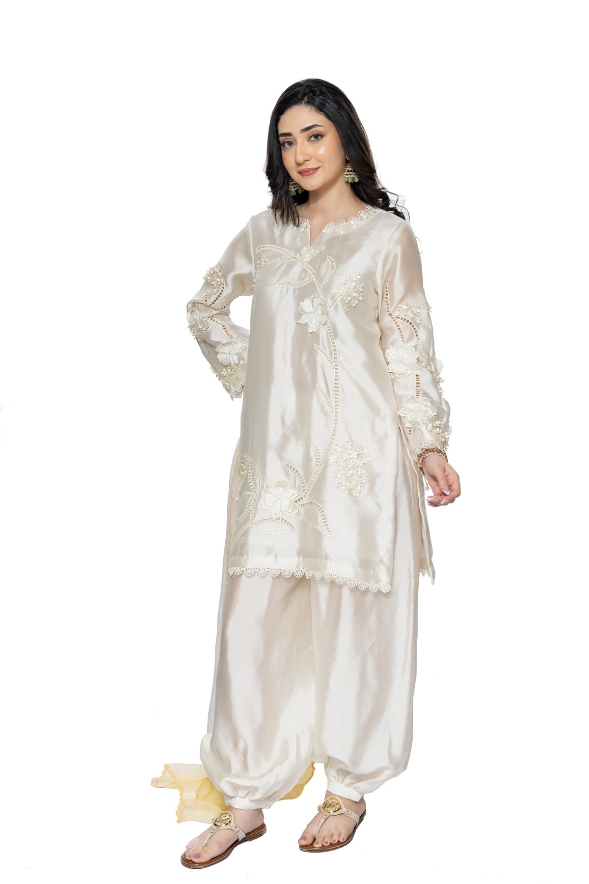 Deepika ivory & Lemon Sheesha silk stitched 3PC suit with 3D applique work and organza dupatta from Soroya by MariamRaj