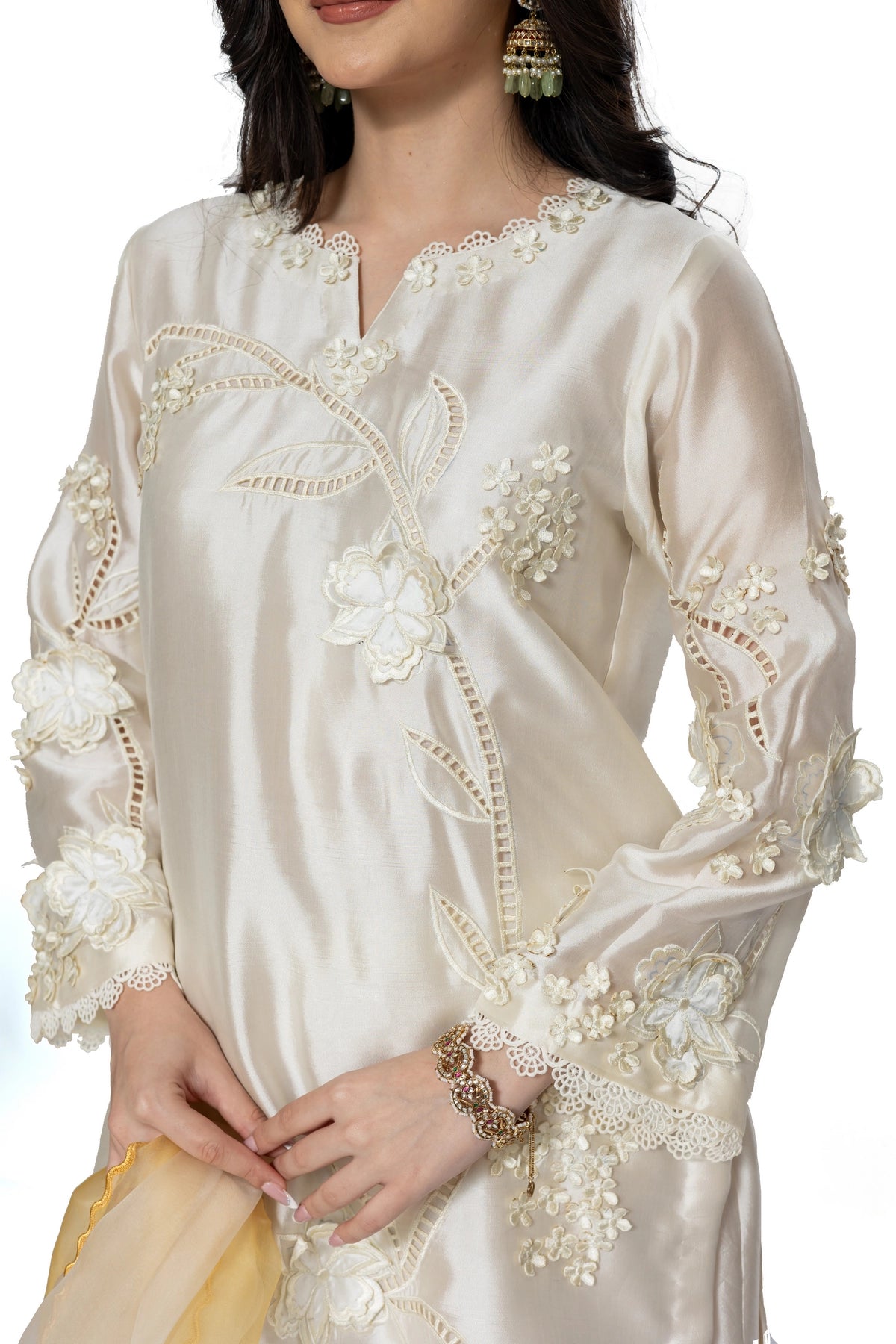 Deepika ivory & Lemon Sheesha silk stitched 3PC suit with 3D applique work and organza dupatta from Soroya by MariamRaje