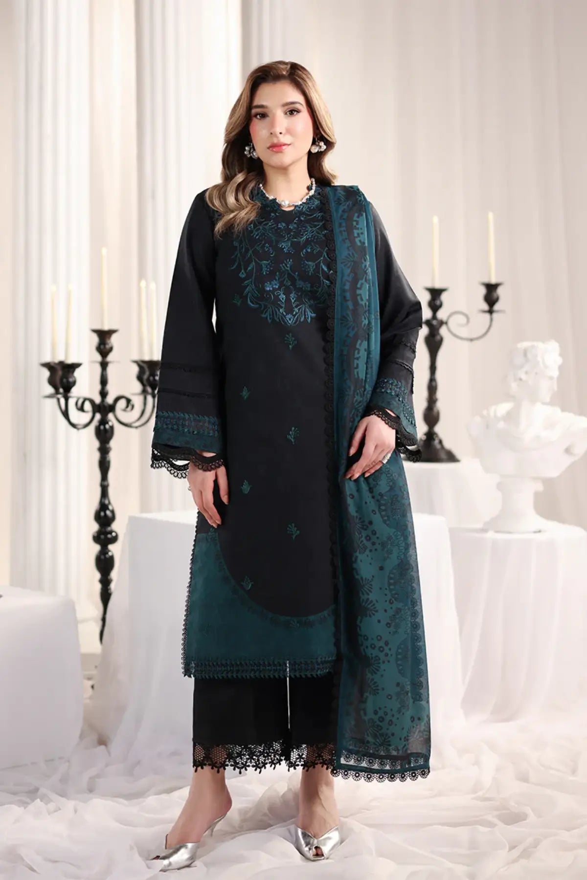Defne Rang Rasiya Coal Black designer lawn stitched 3PC suit with embroidered front, organza borders, textured dupatta and cotton trousers
