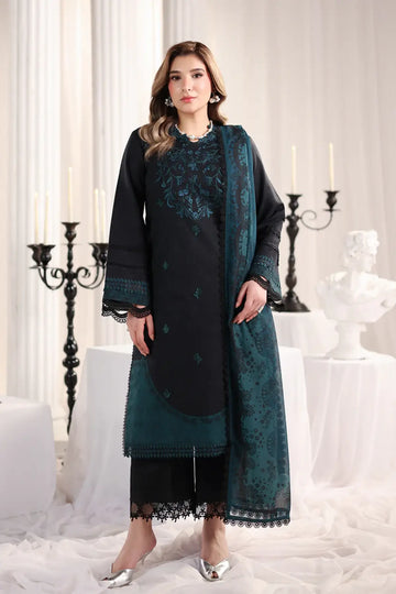 Defne Rang Rasiya Coal Black designer lawn stitched 3PC suit with embroidered front, organza borders, textured dupatta and cotton trousers