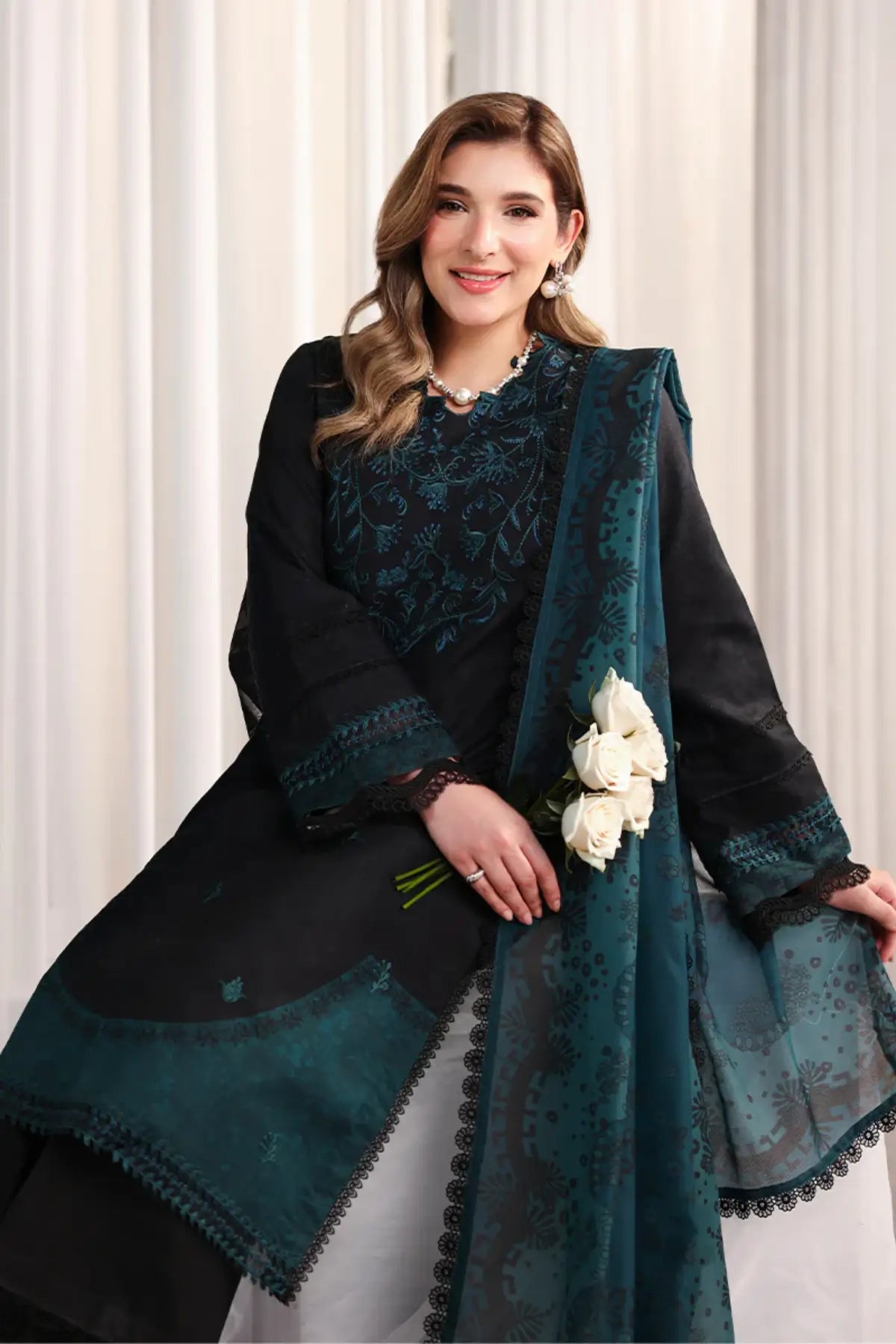 Defne Rang Rasiya Coal Black designer lawn stitched 3PC suit with embroidered front, organza borders, textured dupatta and cotton trousers