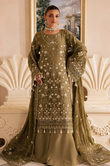 Dark brown embroidered chiffon suit with organza borders and raw silk pants – ideal for Pakistani women in the USA.