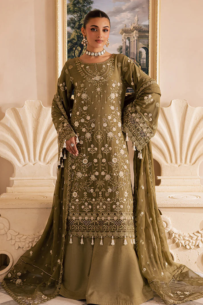 Dark brown embroidered chiffon suit with organza borders and raw silk pants – ideal for Pakistani women in the USA.