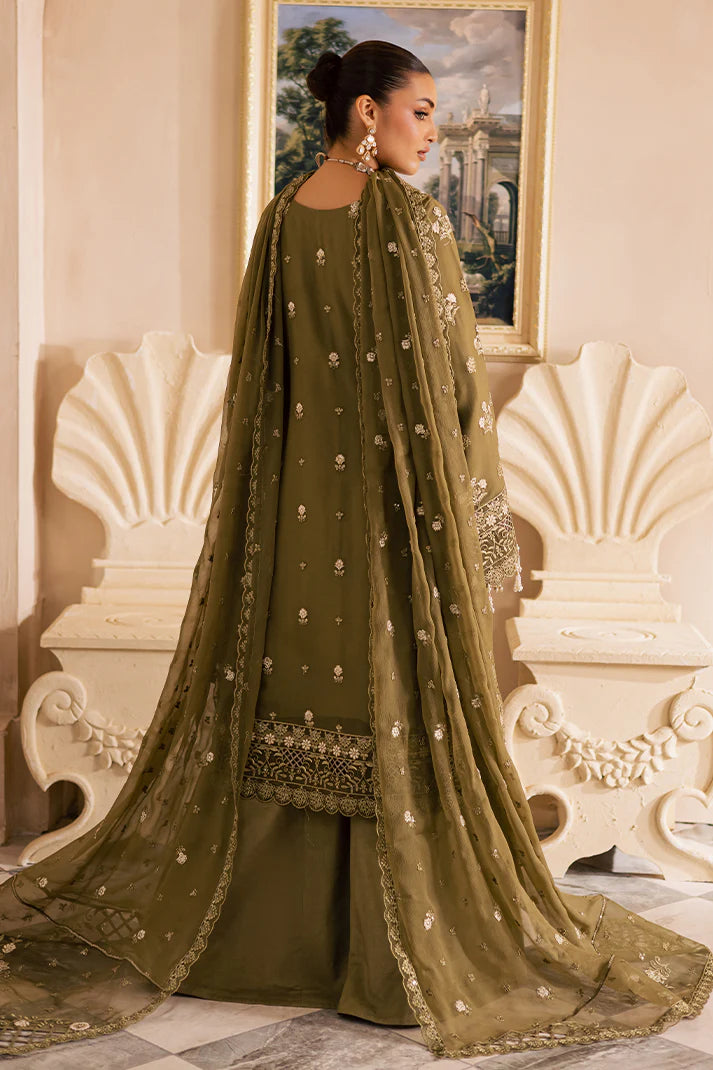 Dark brown embroidered chiffon suit with organza borders and raw silk pants – ideal for Pakistani women in the USA.