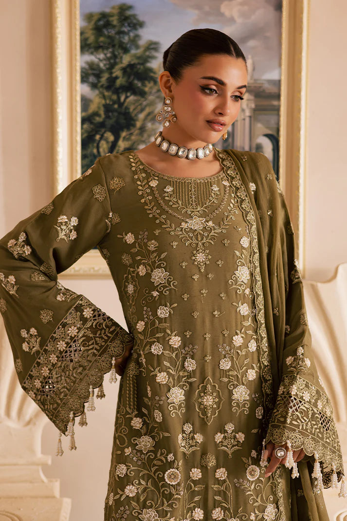 Dark brown embroidered chiffon suit with organza borders and raw silk pants – ideal for Pakistani women in the USA.