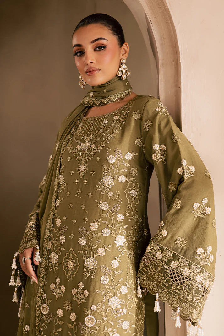 Dark brown embroidered chiffon suit with organza borders and raw silk pants – ideal for Pakistani women in the USA.