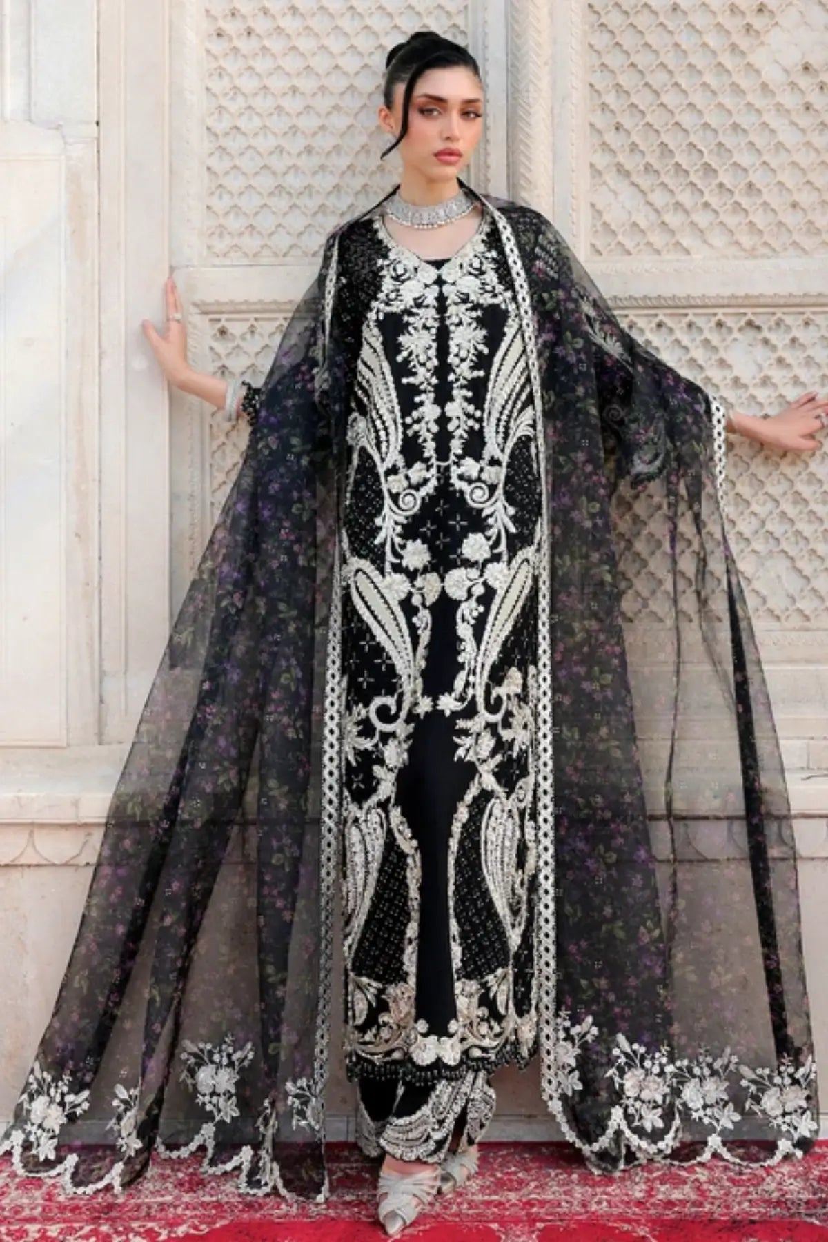 Saira Shakira Wedding Delina black embroidered Korean raw silk stitched formal suit with printed organza dupatta