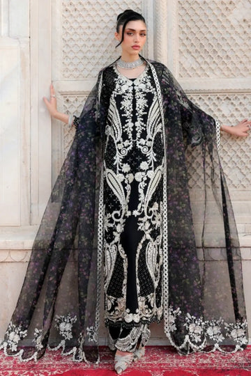 Saira Shakira Wedding Delina black embroidered Korean raw silk stitched formal suit with printed organza dupatta