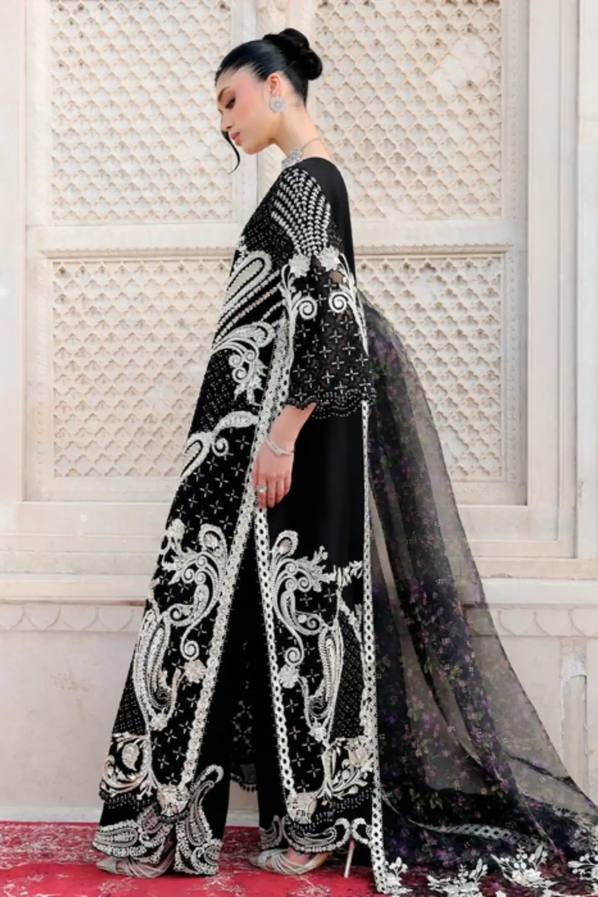 Saira Shakira Wedding Delina black embroidered Korean raw silk stitched formal suit with printed organza dupatta