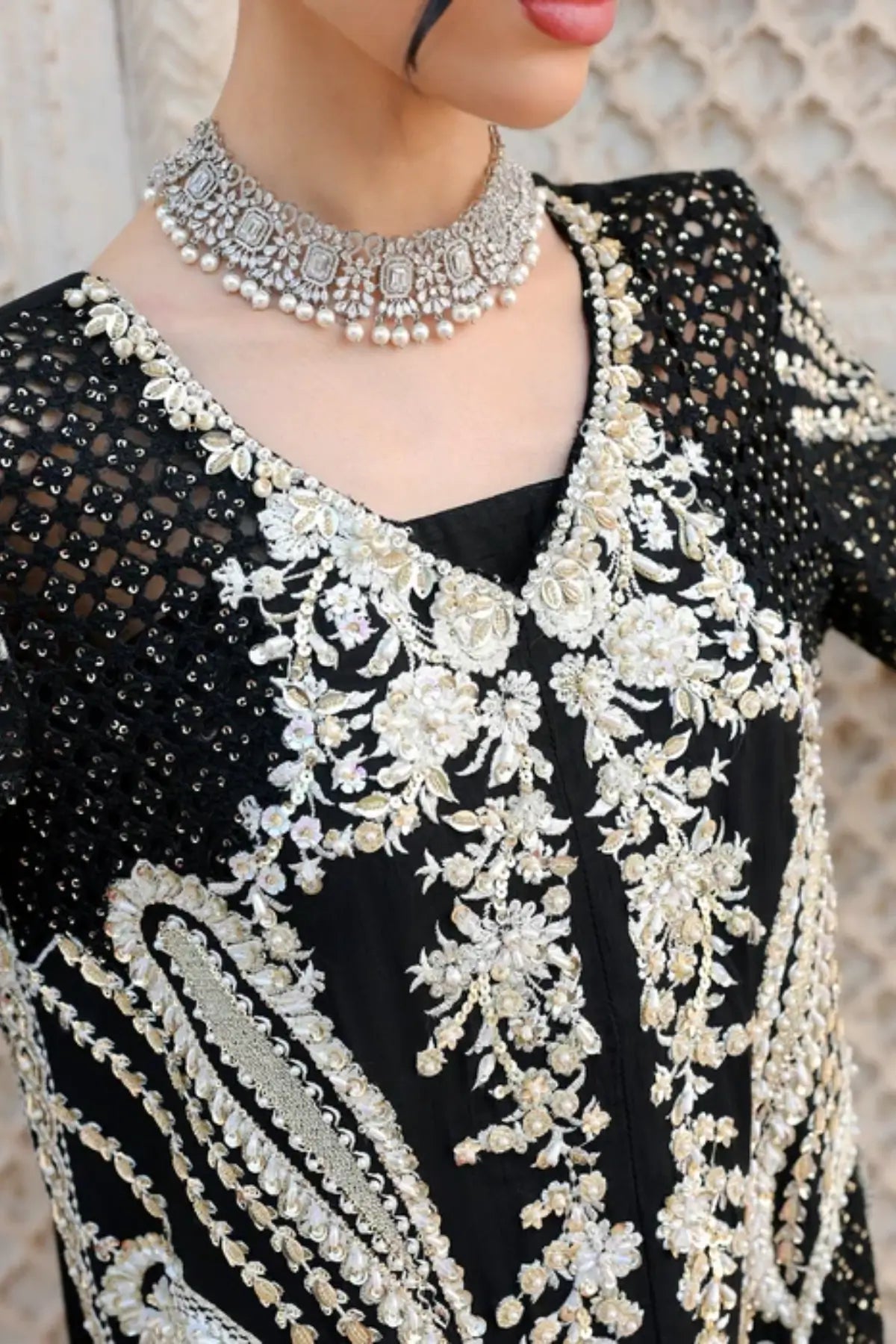 Saira Shakira Wedding Delina black embroidered Korean raw silk stitched formal suit with printed organza dupatta