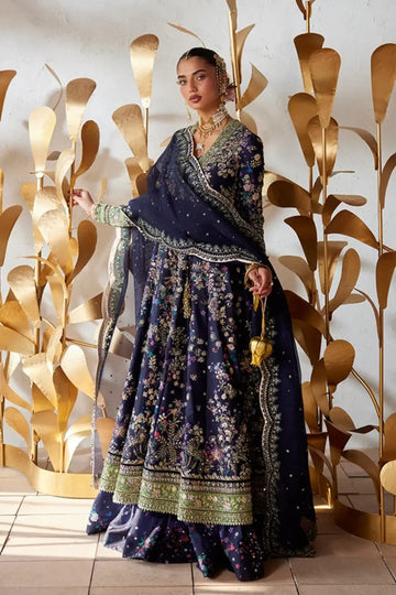 Delina midnight blue raw silk wedding pishwas gharara suit with sequin embroidery, green velvet borders and scalloped organza dupatta