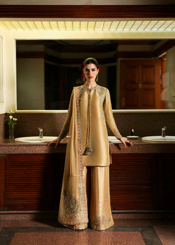 Delune – Gold raw silk Pakistani outfit with rust dupatta and flared pants – Formal Eid wear at Pakistanimoda