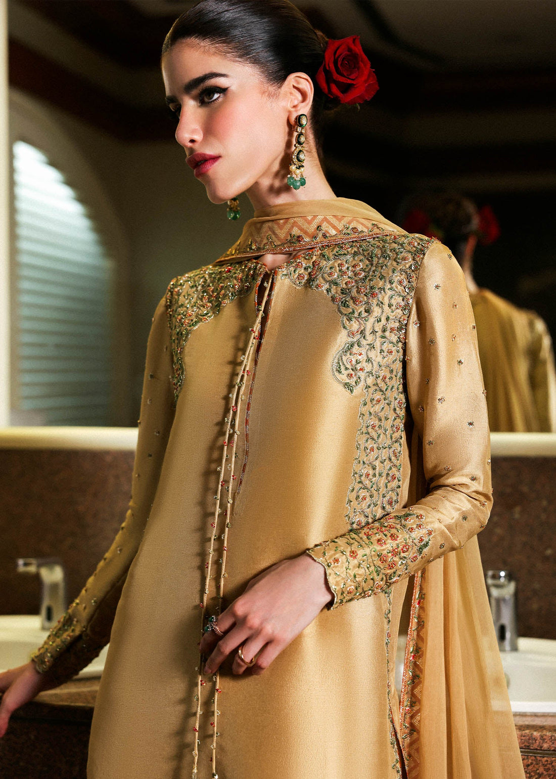 Delune – Gold raw silk Pakistani outfit with rust dupatta and flared pants – Formal Eid wear at Pakistanimoda