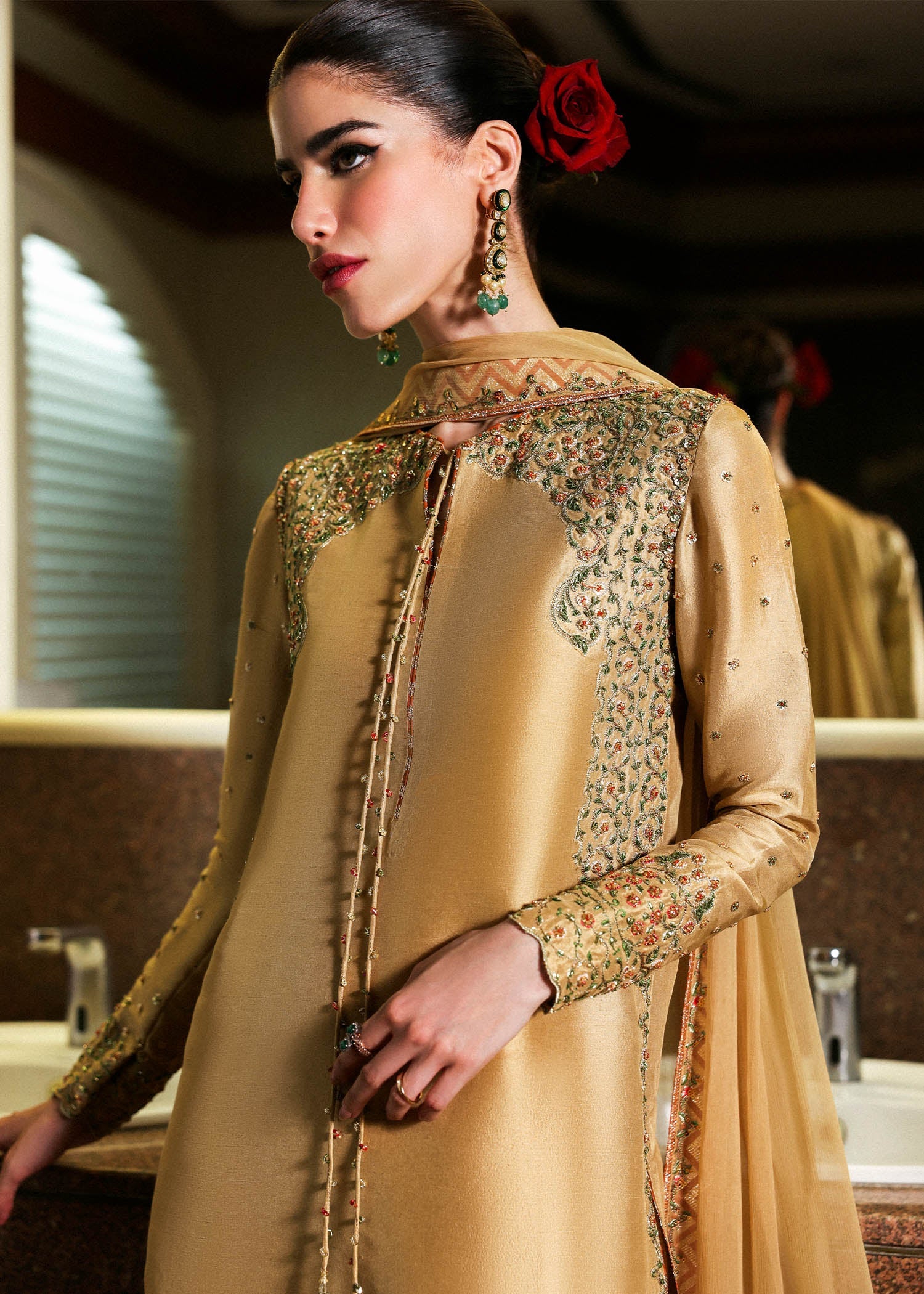 Delune – Gold raw silk Pakistani outfit with rust dupatta and flared pants – Formal Eid wear at Pakistanimoda