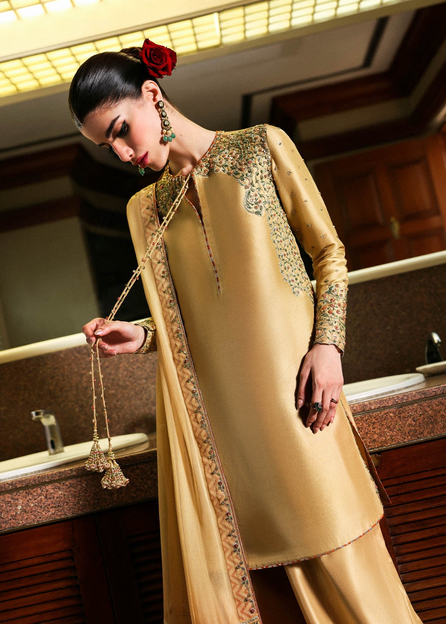 Delune – Gold raw silk Pakistani outfit with rust dupatta and flared pants – Formal Eid wear at Pakistanimoda