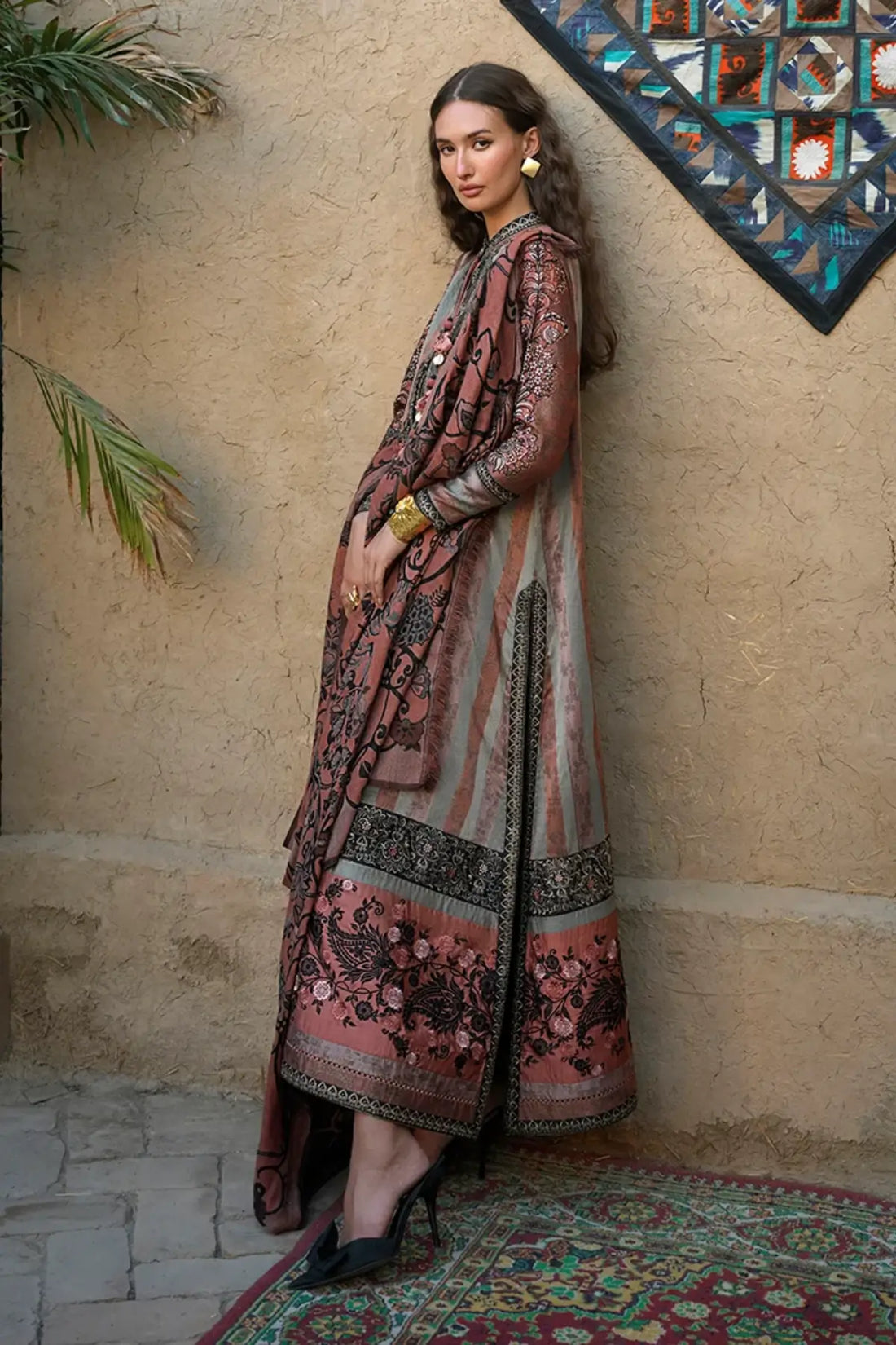 Desert Dusk by Mushq Broadway Winter 2026 peach pink embroidered jacquard stitched winter suit with woolen shawl