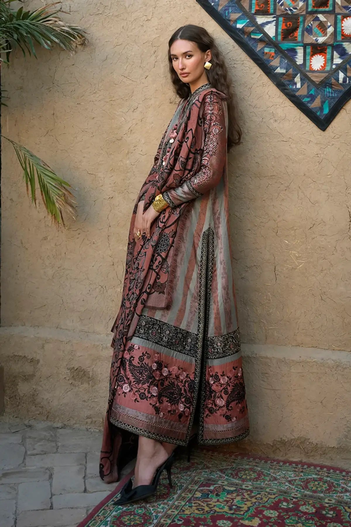 Desert Dusk by Mushq Broadway Winter 2026 peach pink embroidered jacquard stitched winter suit with woolen shawl