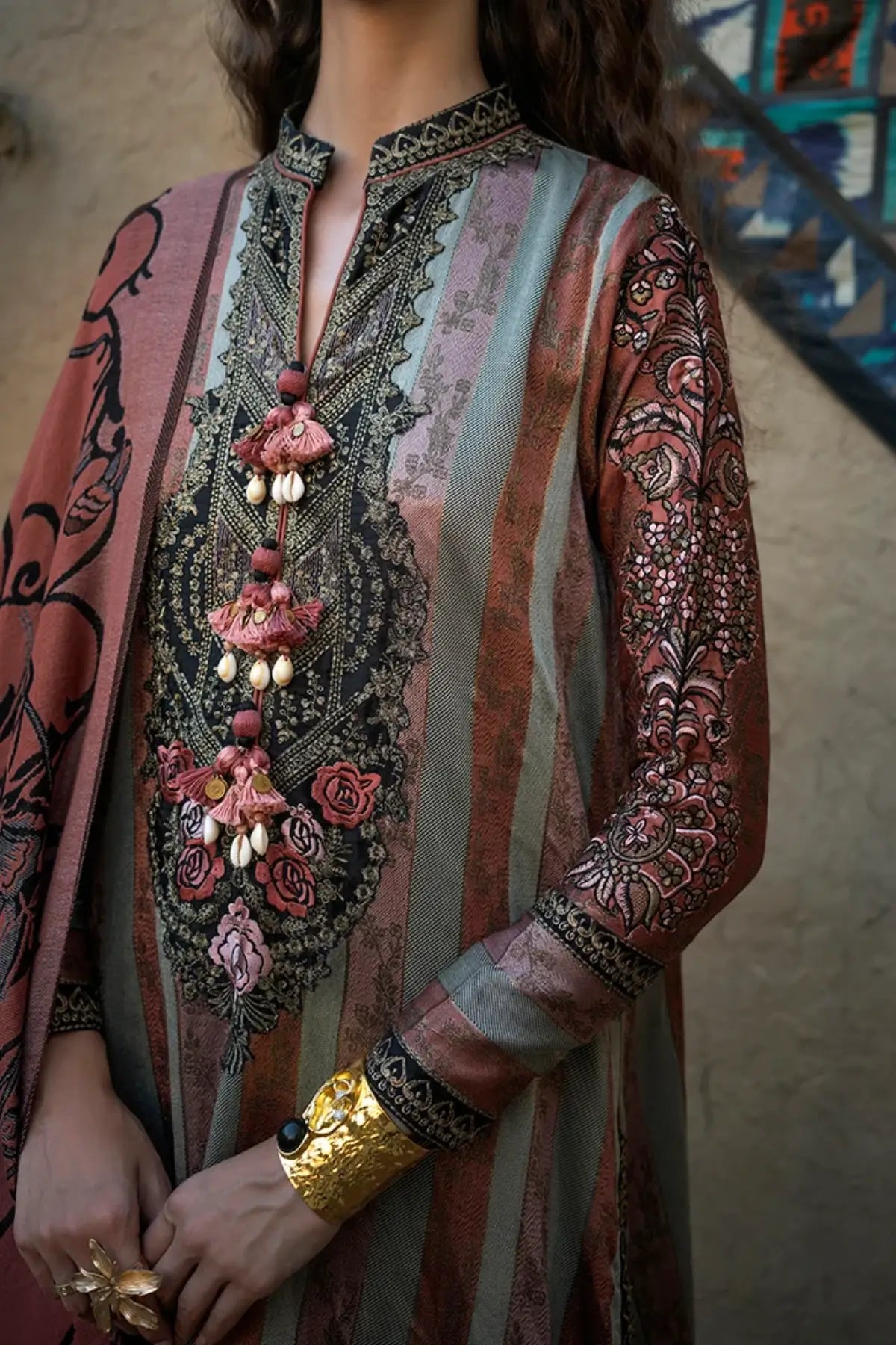 Desert Dusk by Mushq Broadway Winter 2026 peach pink embroidered jacquard stitched winter suit with woolen shawl