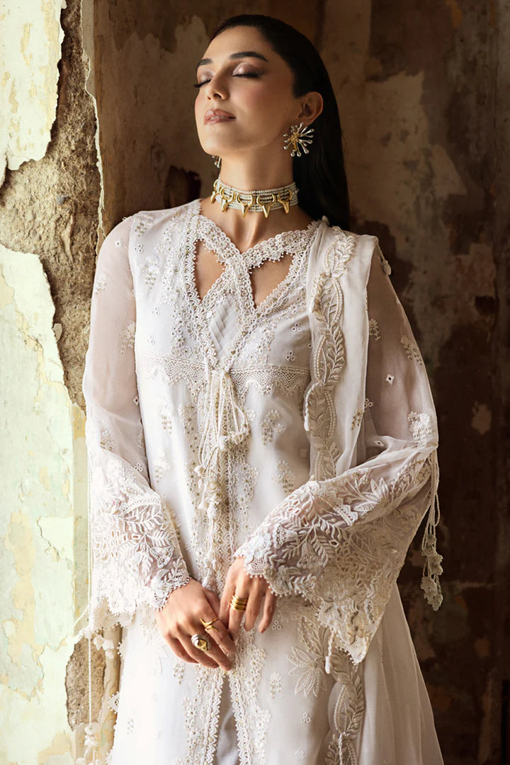 WC-03 ROISE stitched white chiffon chikankari dress by Qalamkar with embroidered dupatta and raw silk trouser – available at Pakistanimoda worldwide