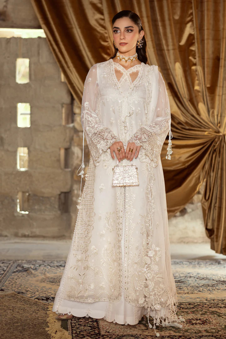 WC-03 ROISE stitched white chiffon chikankari dress by Qalamkar with embroidered dupatta and raw silk trouser – available at Pakistanimoda worldwide