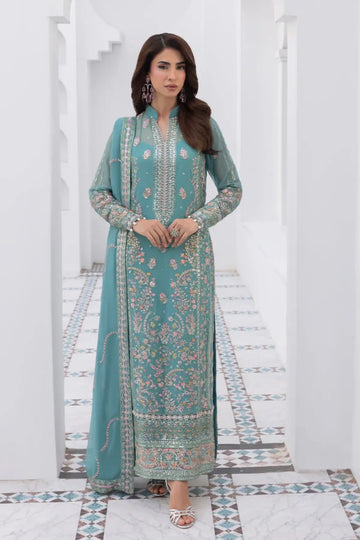 Desir Gulaal Maeri Luxury Chiffon Aqua Blue Stitched 3PC Suit with embroidered chiffon shirt, dupatta and raw silk trousers