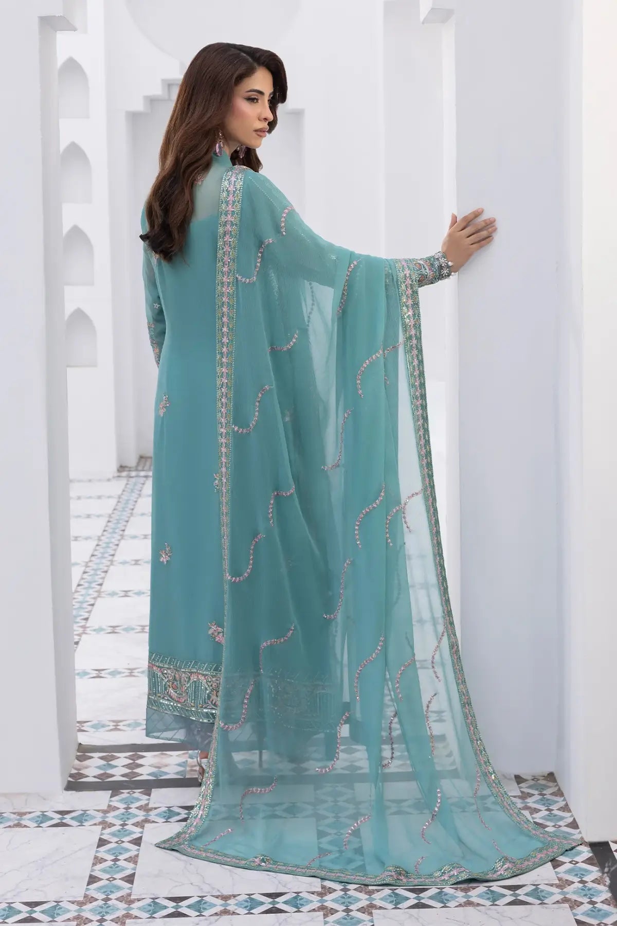 Desir Gulaal Maeri Luxury Chiffon Aqua Blue Stitched 3PC Suit with embroidered chiffon shirt, dupatta and raw silk trousers