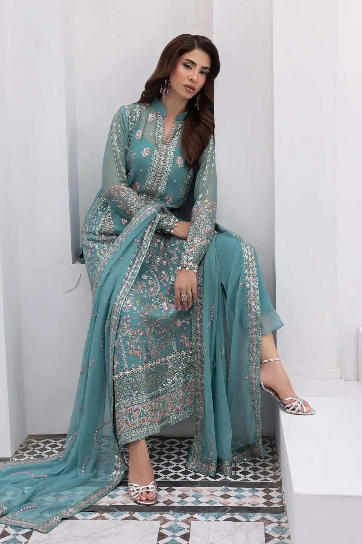 Desir Gulaal Maeri Luxury Chiffon Aqua Blue Stitched 3PC Suit with embroidered chiffon shirt, dupatta and raw silk trousers