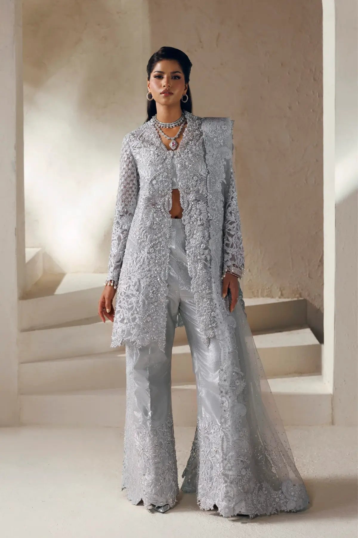 Desiree Modern Muse 26 silver grey embellished organza stitched formal suit with flared trousers and embroidered net dupatta