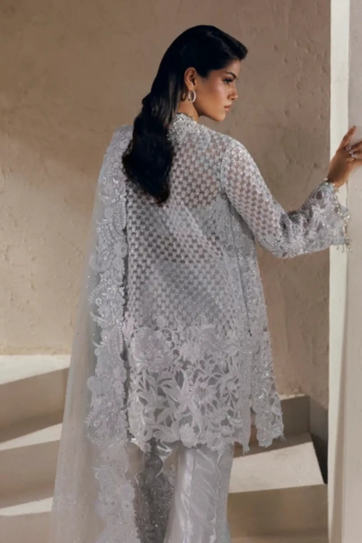 Desiree Modern Muse 26 silver grey embellished organza stitched formal suit with flared trousers and embroidered net dupatta