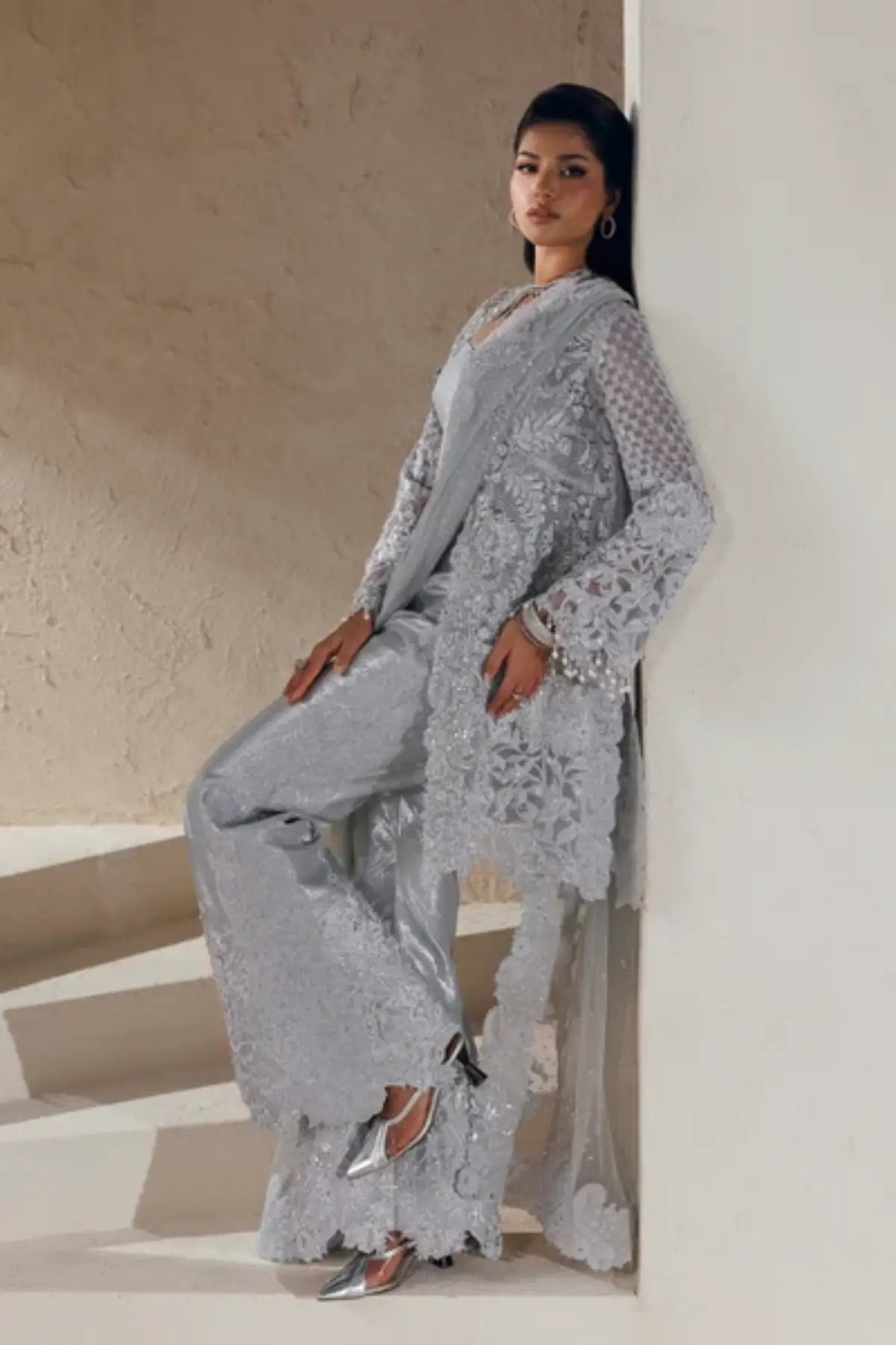 Desiree Modern Muse 26 silver grey embellished organza stitched formal suit with flared trousers and embroidered net dupatta