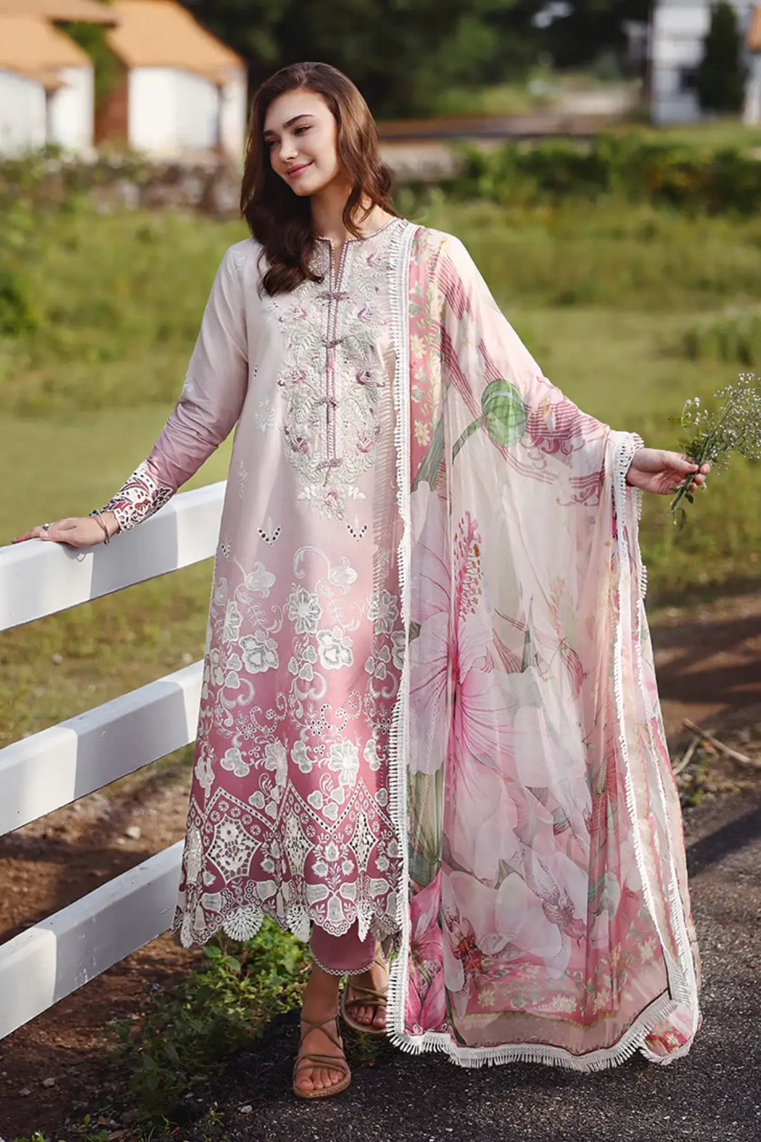 Dew Drift Mushq pink chikankari lawn 3pc stitched suit with chiffon dupatta