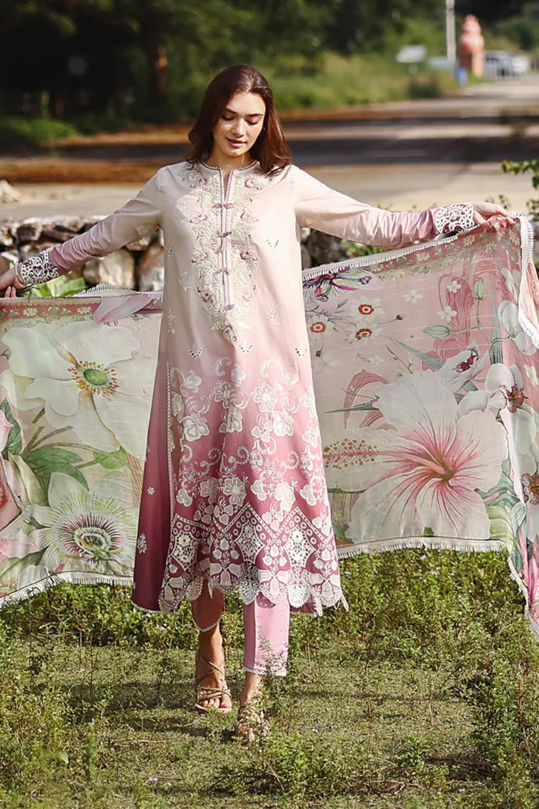 Dew Drift Mushq pink chikankari lawn 3pc stitched suit with chiffon dupatta