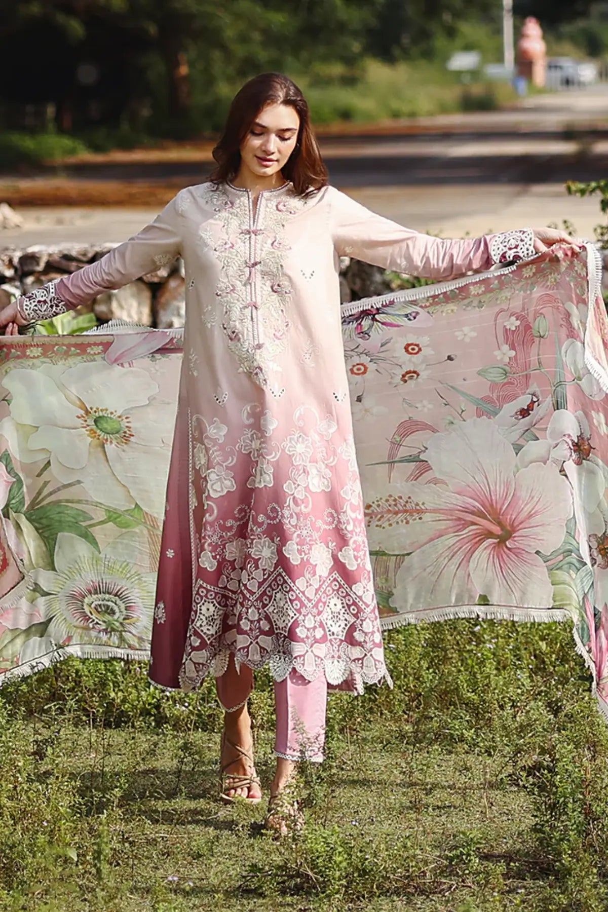 Dew Drift Mushq pink chikankari lawn 3pc stitched suit with chiffon dupatta