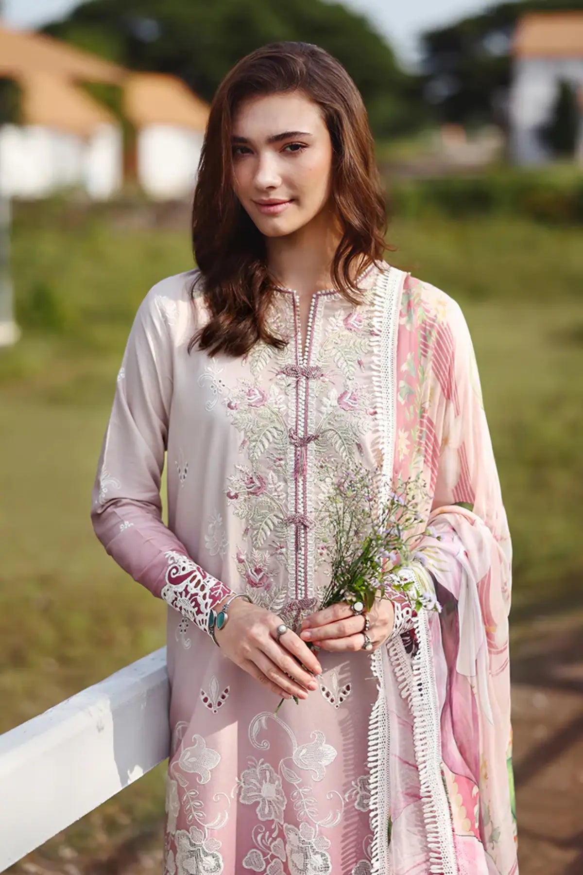 Dew Drift Mushq pink chikankari lawn 3pc stitched suit with chiffon dupatta