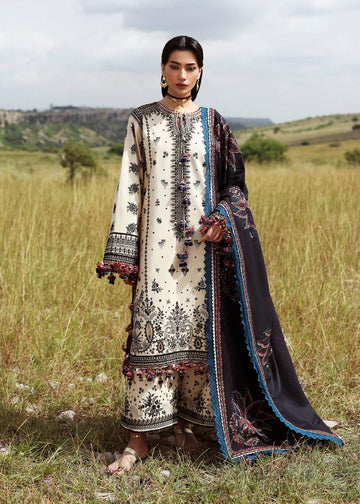 Hussain Rehar Dhanak off-white embroidered khaddar stitched suit with black wool shawl at Pakistanimoda.
