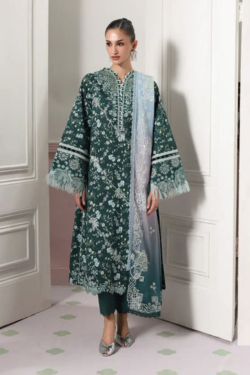 Diane QQP-09(B) by Qalamkar emerald green lawn stitched suit with embroidered front, printed chiffon dupatta, and plain cotton trousers.