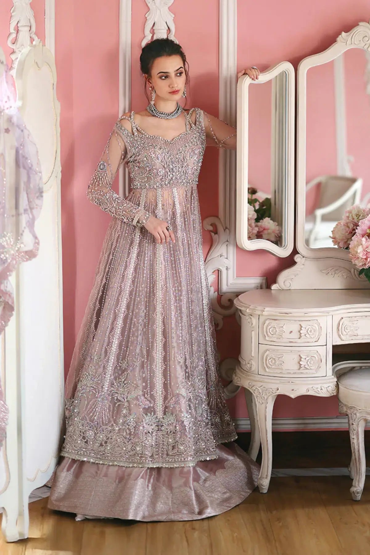 Dianna from The Muse by Mushq rose taupe stitched pishwas dress