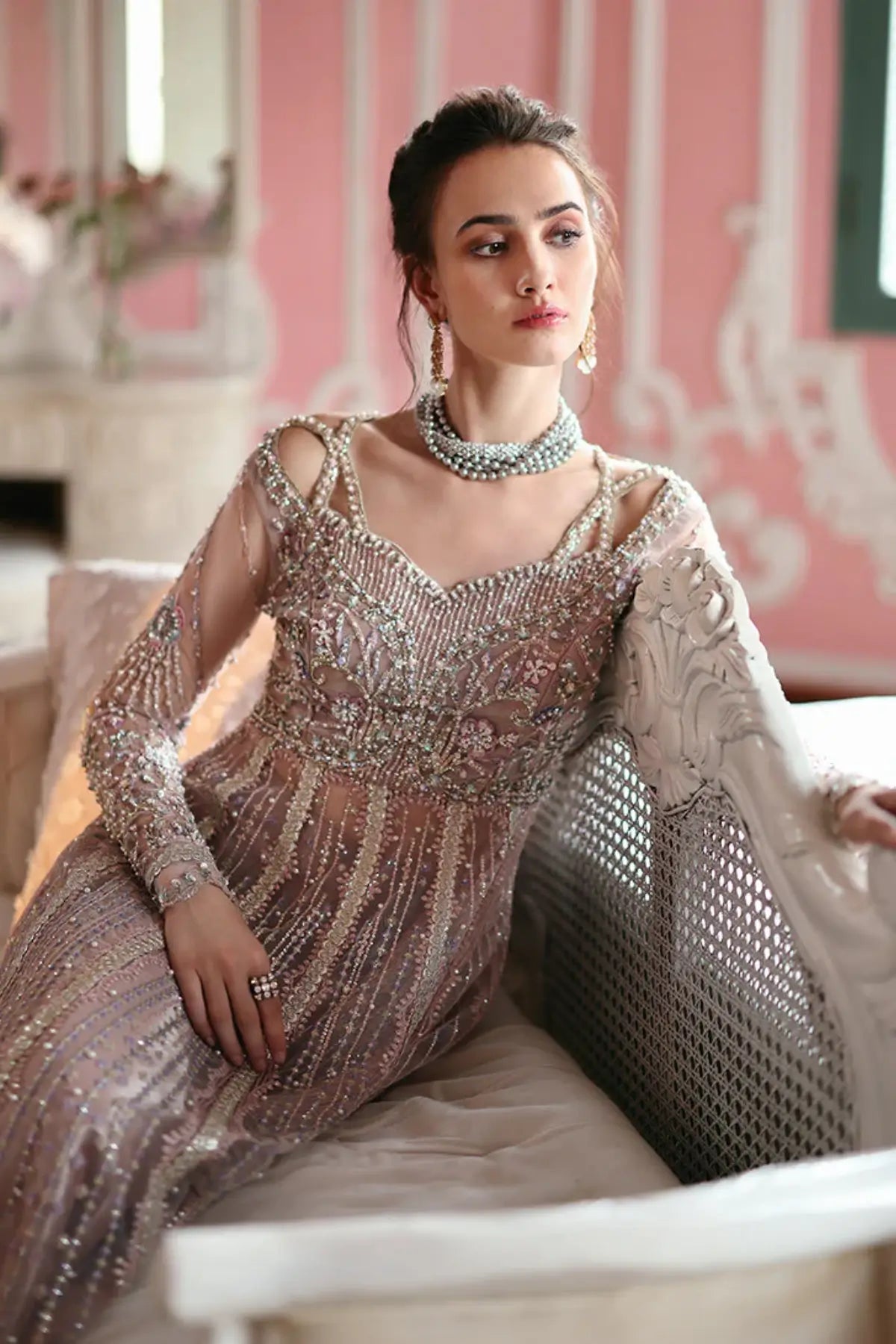 Dianna from The Muse by Mushq rose taupe stitched pishwas dress