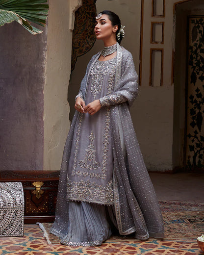 Dila-Crushed silk Sharara with Embellished raw silk Shirt-By-Faiza Saqlain