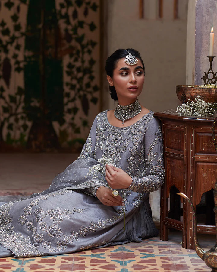 Dila-Crushed silk Sharara with Embellished raw silk Shirt-By-Faiza Saqlain