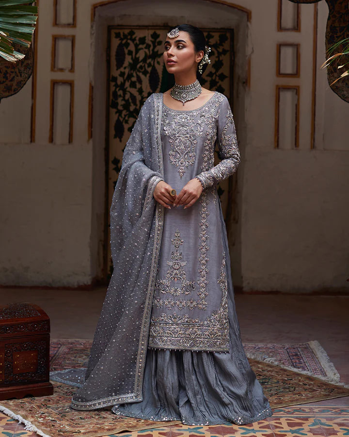 Dila-Crushed silk Sharara with Embellished raw silk Shirt-By-Faiza Saqlain