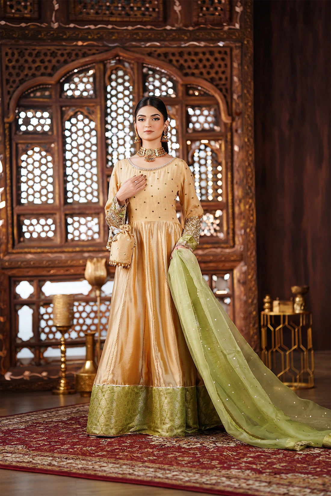 Dilara light gold sheesha silk Anarkali dress with pistachio organza dupatta and jamawar border by MariamRaj