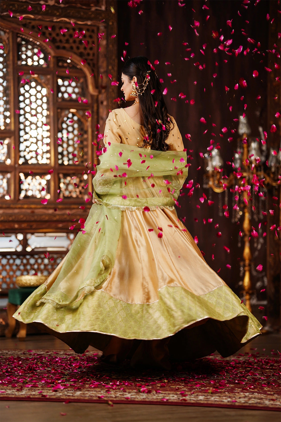 Dilara light gold sheesha silk Anarkali dress with pistachio organza dupatta and jamawar border by MariamRaj