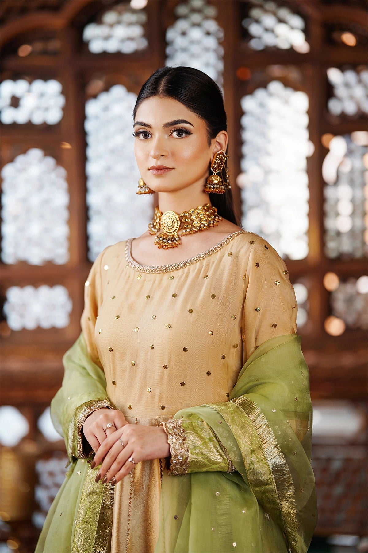 Dilara light gold sheesha silk Anarkali dress with pistachio organza dupatta and jamawar border by MariamRaj