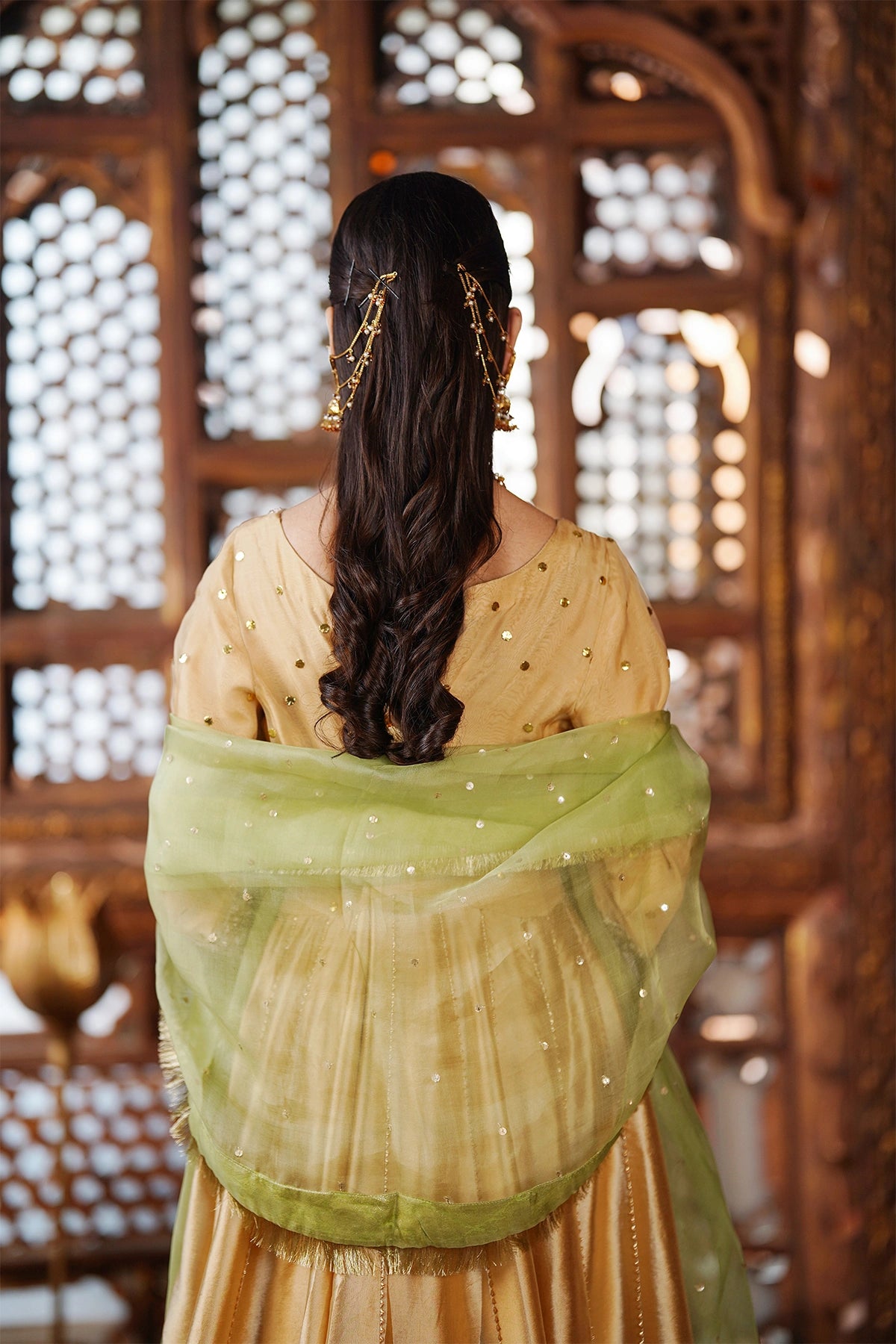 Dilara light gold sheesha silk Anarkali dress with pistachio organza dupatta and jamawar border by MariamRaj