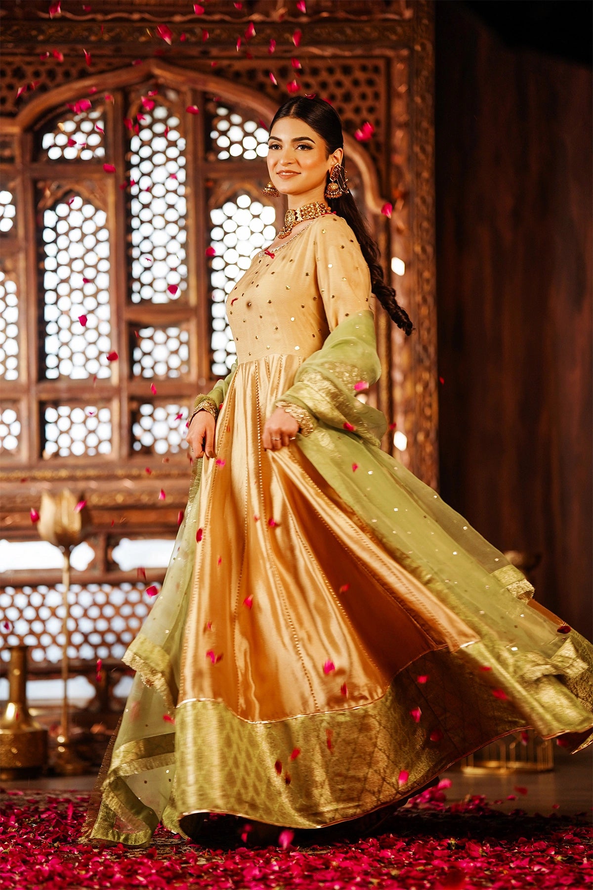 Dilara light gold sheesha silk Anarkali dress with pistachio organza dupatta and jamawar border by MariamRaj