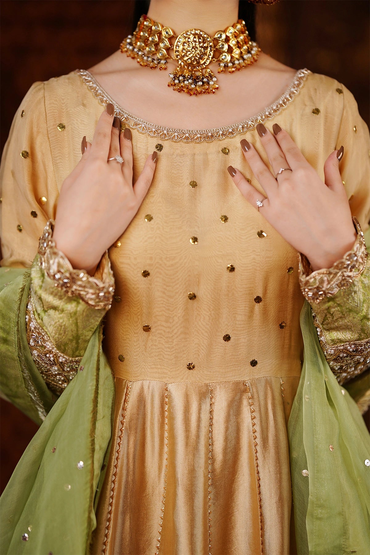 Dilara light gold sheesha silk Anarkali dress with pistachio organza dupatta and jamawar border by MariamRaj
